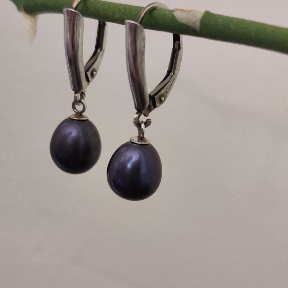 Genuine Black Pearls Dangling Silver 925 Earrings - Picture 8 of 12